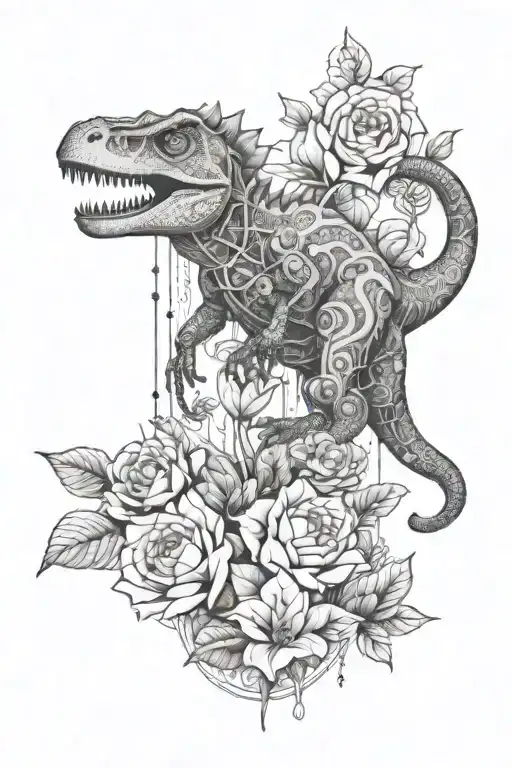 full tattoo sleeve, flowers,nature,mechanical elements, string of pearls, nature, and a cute little baby dinosaur hidden tattoo design idea