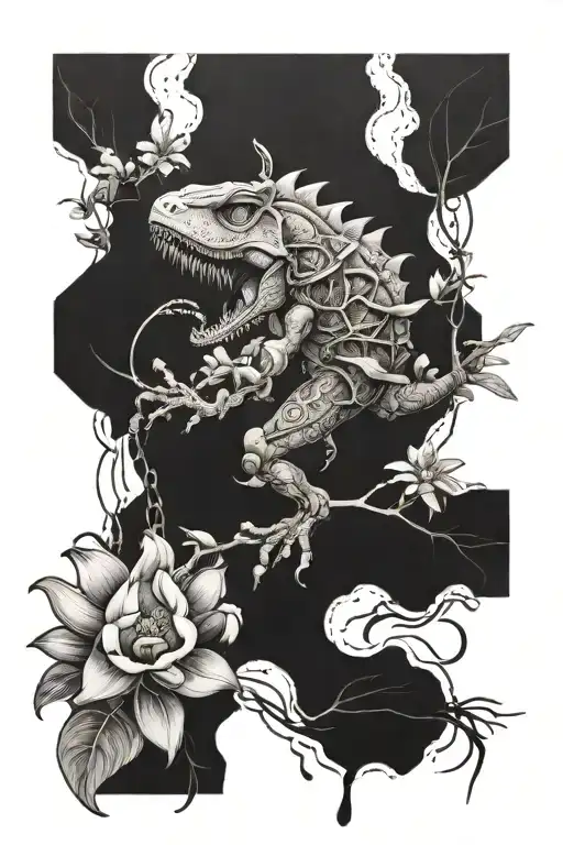magnolia flowers, bee, mechanical elements, string of pearls, nature, and a little tyrannosaurus rex hidden tattoo design idea