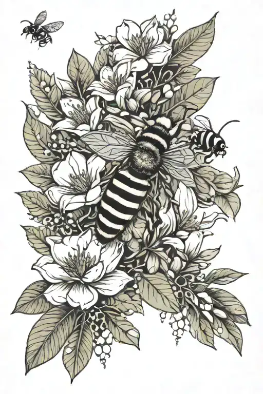 magnolia flowers, bee, mechanical elements, string of pearls, nature, and a cute little baby dinosaur hidden tattoo design idea