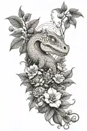 full tattoo sleeve. flowers,nature,string of pearls, nature, and a cute, little baby dinosaur hidden in some bushes. tattoo design idea