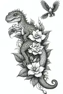 full tattoo sleeve. flowers,nature,string of pearls, nature, and a cute, little baby dinosaur hidden in some bushes. tattoo design idea
