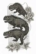 full tattoo sleeve, flowers,nature,mechanical elements, string of pearls, nature, and a cute little baby dinosaur hidden tattoo design idea