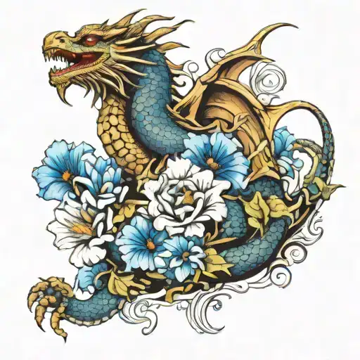 yakuza dragon and blue flower tattoo design idea