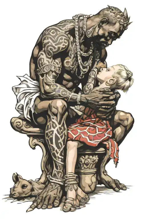 bared white blonde girl kisses feets muscular african king tattoo design idea