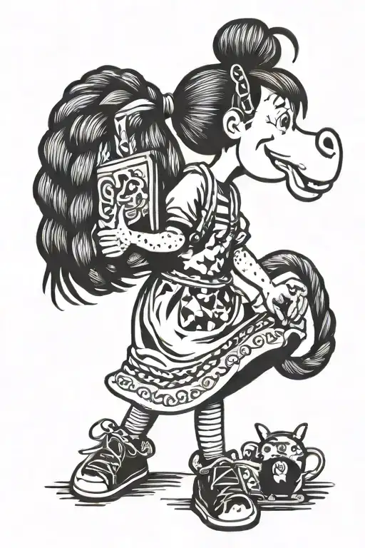 A tattoo with pippi longstocking character from books, with braids. Old school black and white style with Japanese theme tattoo design idea