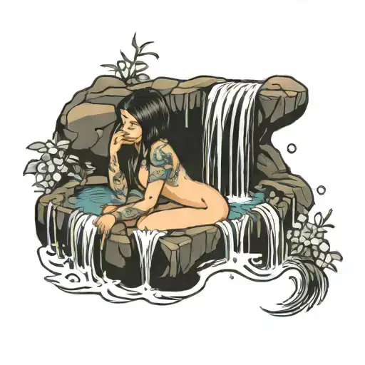 nude girl bathing in a water fall tattoo design idea