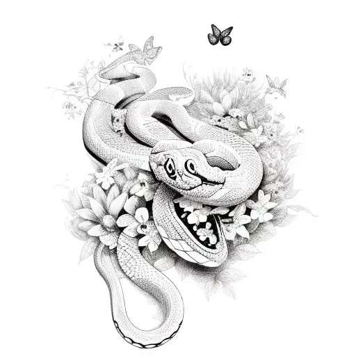 the snake with flowers and butterflies is not big tattoo design idea