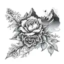 i have a black and white flower, create a nature background, night sky, swiss alps tattoo design idea