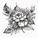 i have a black and white flower, create a nature background, night sky, swiss alps tattoo design idea