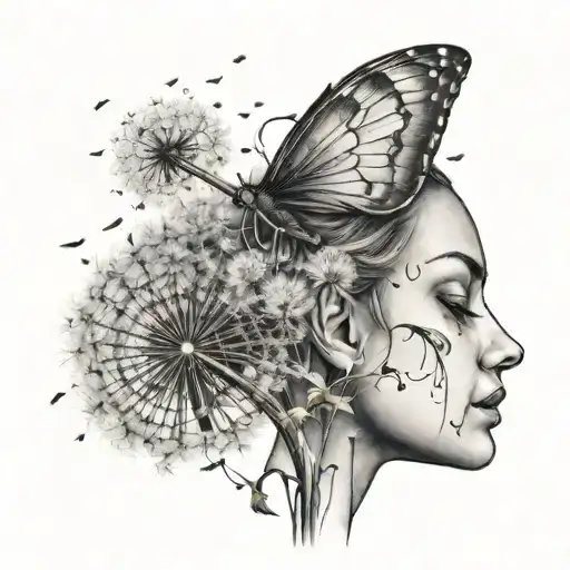 behind  ear tattoo going down the neck of a dandilion been  held by a fairy and blowing the dandelion tattoo design idea