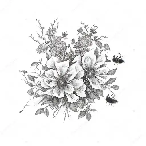 honeysuckle bouquet with bees and roses tattoo design idea