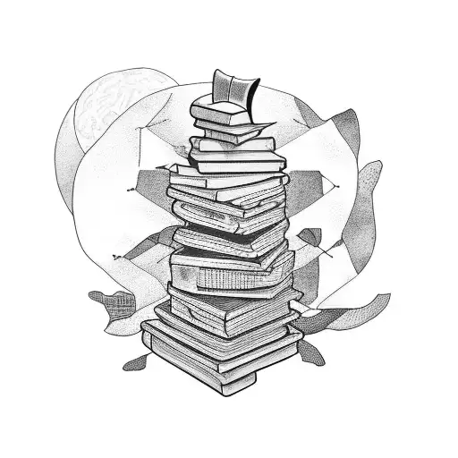 A minimalist tattoo featuring a stack of books with philosophical symbols incorporated into the design tattoo design idea