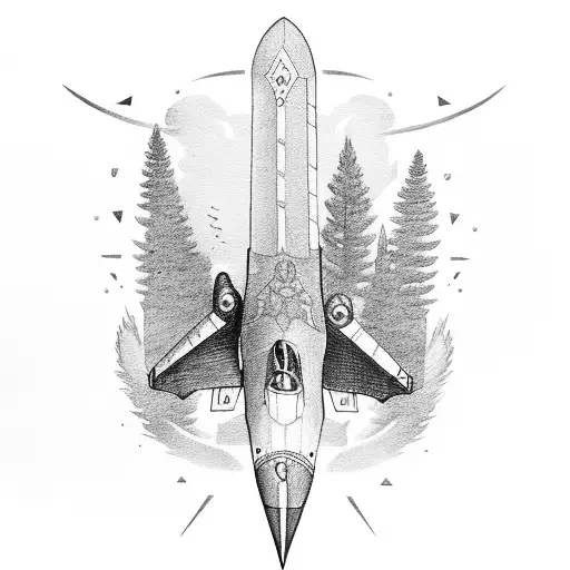 A combination of a guitar, fighter jet, forest, daughters name Mia  tattoo design idea