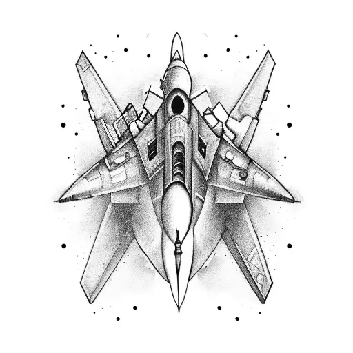 A combination of a guitar, fighter jet, forest and the word Mia tattoo design idea