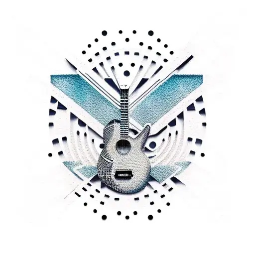 A combination of a guitar and an airplane wing in a dotwork style tattoo design idea