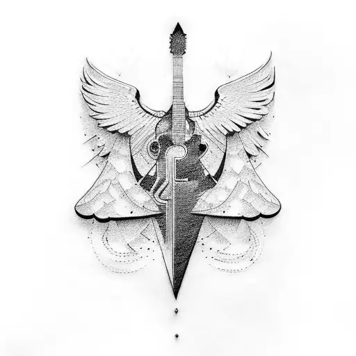 A combination of a guitar and an airplane wing in a dotwork style tattoo design idea