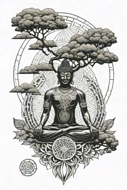 icarus rising sun and tree of life Buddha meditating tattoo design idea