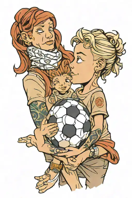 a mother and her son holding hands and a soccer ball tattoo design idea
