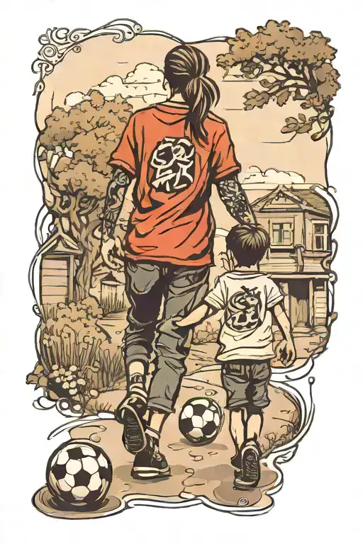 a mother and her son holding hands walking on a path with their backs to each other holding hands and a soccer ball tattoo design idea