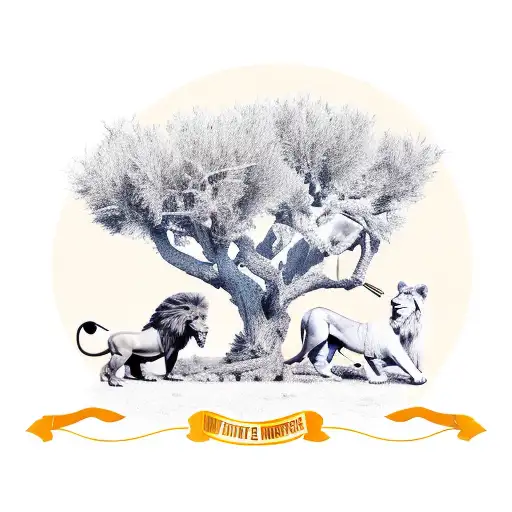 large olive tree giving shade to, a lion, an archer and David from the Bible serving then while they rest tattoo design idea