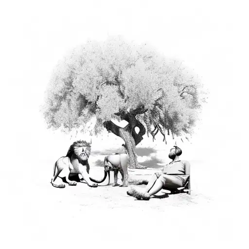 large olive tree giving shade to, a lion, an archer and servant  serving then while they rest tattoo design idea