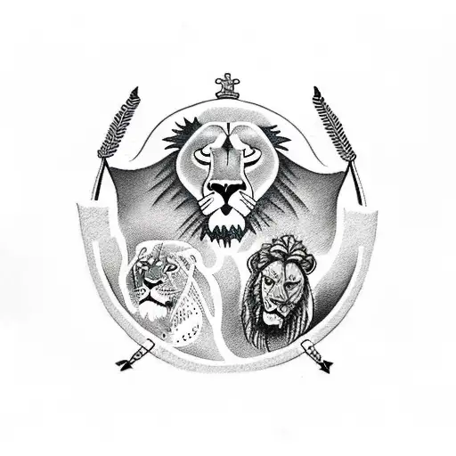 large olive tree giving shade to, a lion, an archer and David from the Bible serving then while they rest tattoo design idea