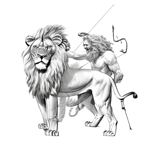 large olive tree giving shade to, a lion, an archer and David from the Bible serving then tattoo design idea