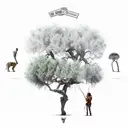 large olive tree giving shade to, a lion, an archer and servant  serving then while they rest tattoo design idea