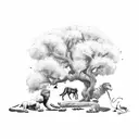 large olive tree giving shade to, a lion, an archer and David from the Bible serving then while they rest tattoo design idea