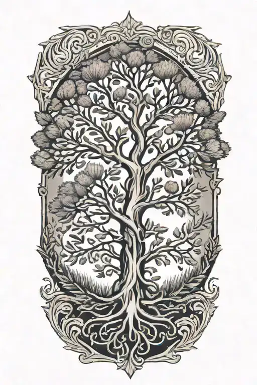 tree of life, scottish heather, thistles tattoo design idea