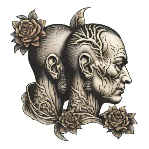 siamese twin head good side and bad side  tattoo design idea
