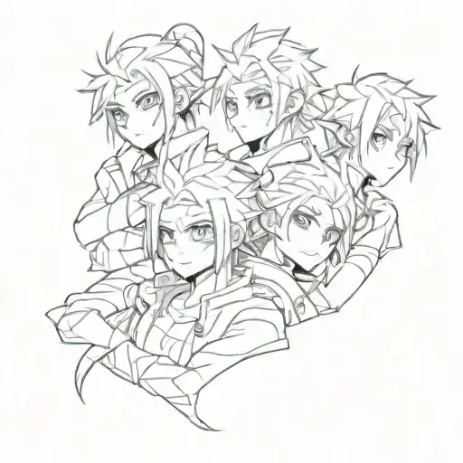 Design a sketch tattoo of a group of 3 friends from the game Gacha tattoo design idea