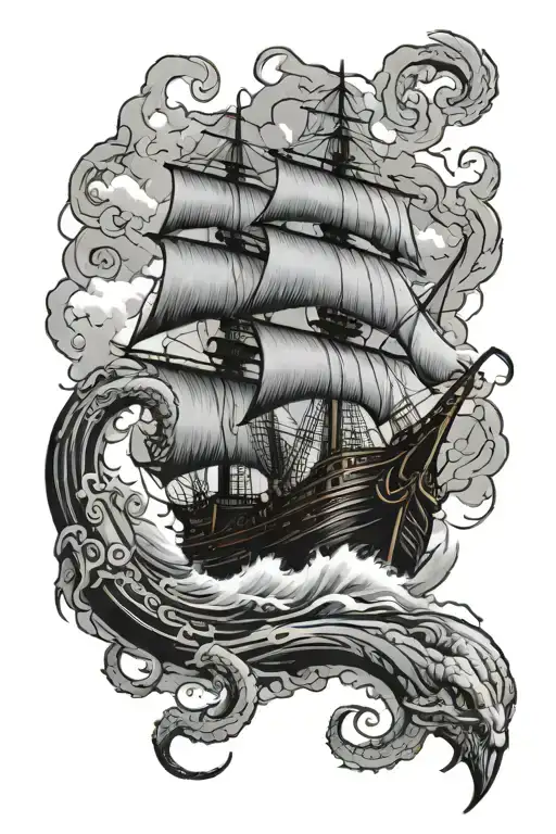 Kraken Pirate ship sailing through stormy tattoo design idea