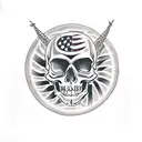traditional American Skull tattoo with a snake in the right eye socket, black line work, bold shading  tattoo design idea