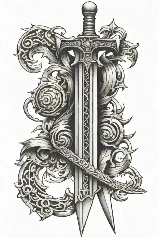 Roman sword with Roman numerals intertwined tattoo design idea