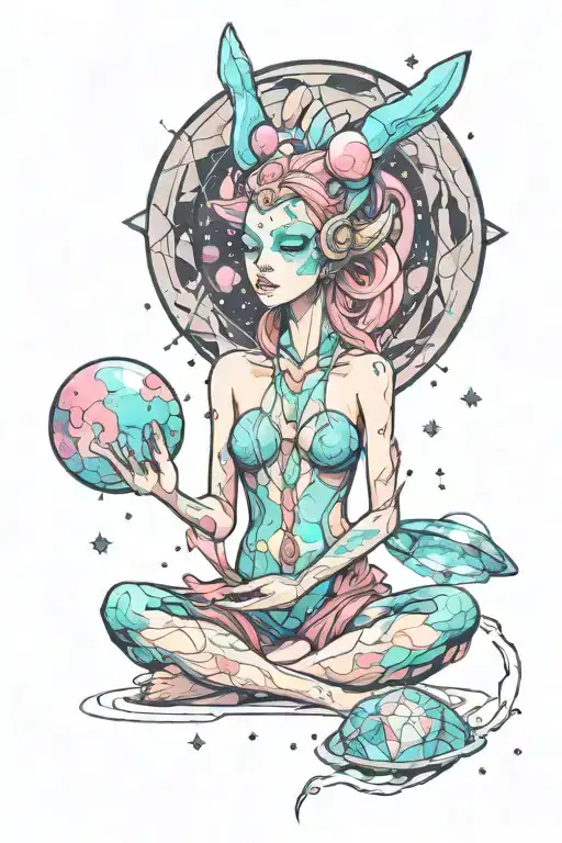 feminine alien in space meditating with crystals colorful tattoo design idea