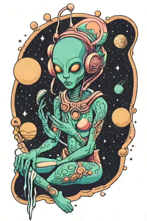 feminine alien in space meditating colorful tattoo design idea