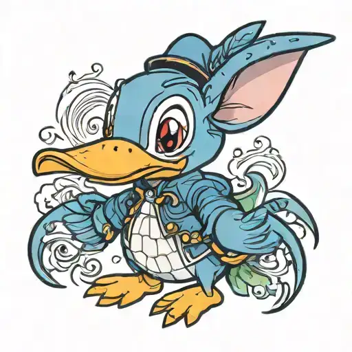 Stitch in a duck costume standing tattoo design idea