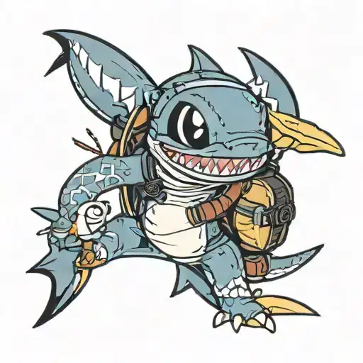 stitch in a shark costume with a duck in a backpack tattoo design idea