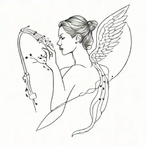 A dark and mysterious tattoo of a female figure with wings made of music notes tattoo design idea