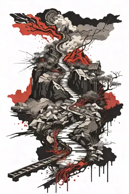 trail going up into the mountain with a creek along one side tattoo design idea