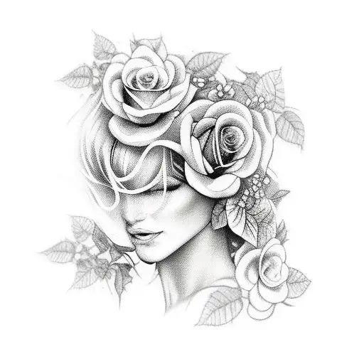 Full sleeve tattoo realistic face of beautiful women her hair turing into flowers and roses ivy vines  tattoo design idea