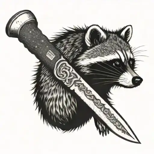 A raccoon peeking out from behind a large survival knife, symbolizing adaptability and resourcefulness in challenging situations tattoo design idea