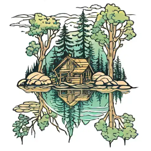 lake trees reflection cabin river  tattoo design idea