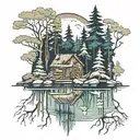 lake trees reflection cabin river  tattoo design idea