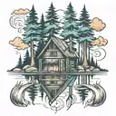 lake trees reflection cabin river  tattoo design idea