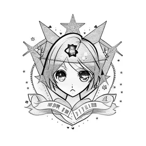 A new trouble-style heart with an anime girl inside and shining stars outside tattoo design idea