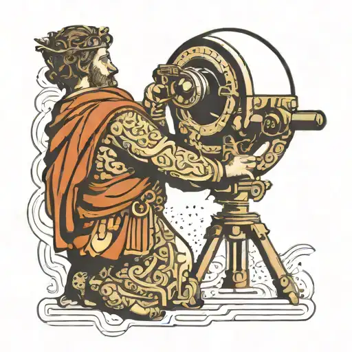 I want you to make a Babylonian tattoo design with a man looking through his telescope into space tattoo design idea