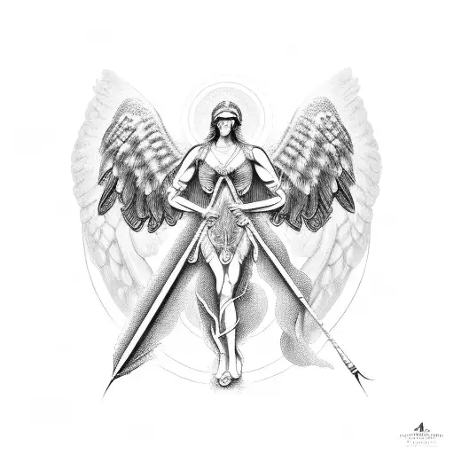 in the middle the number 444 sorounded by some roman/greek style figures between two angel feathers as if  tattoo design idea