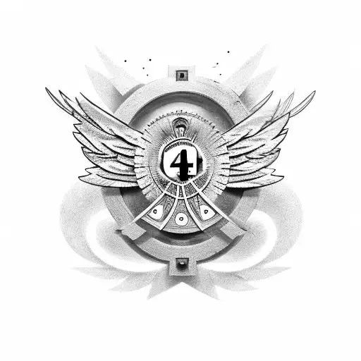 the number 444 sorounded by some roman/greek style figures between two angel feathers tattoo design idea